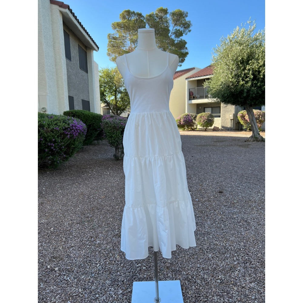 Lulus Lovable Cutie White Tiered Midi Dress Sleeveless Ribbed Bodice W Pockets - Picture 3 of 6